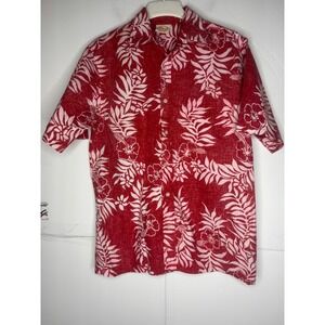Go Barefoot Mens Red White Floral Hawaiian Shirt Cotton Short Sleeve Large USA